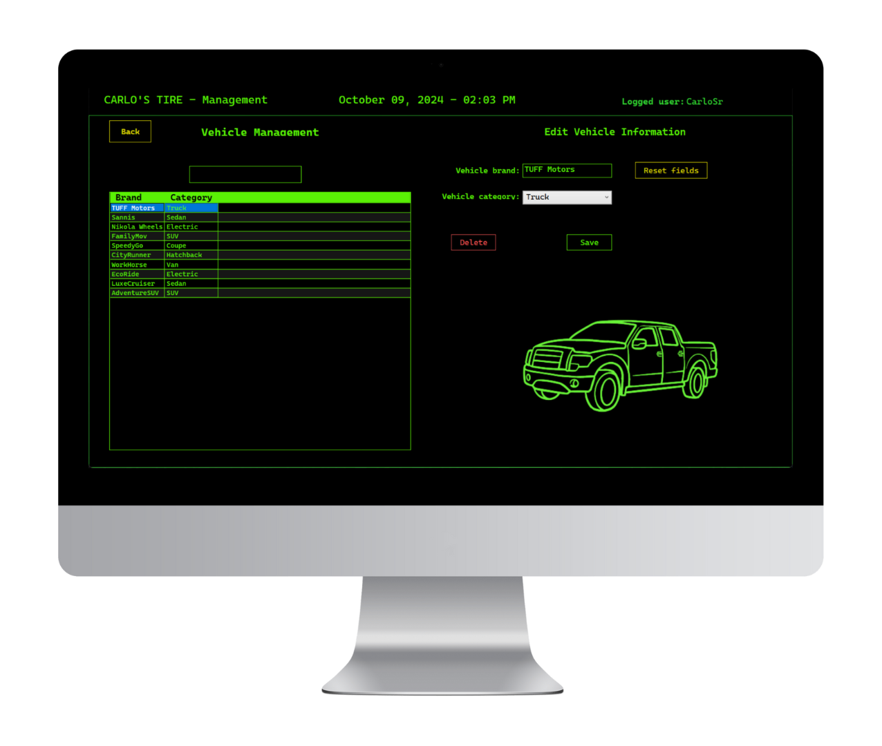 Vehicle management page showing basic vehicle details